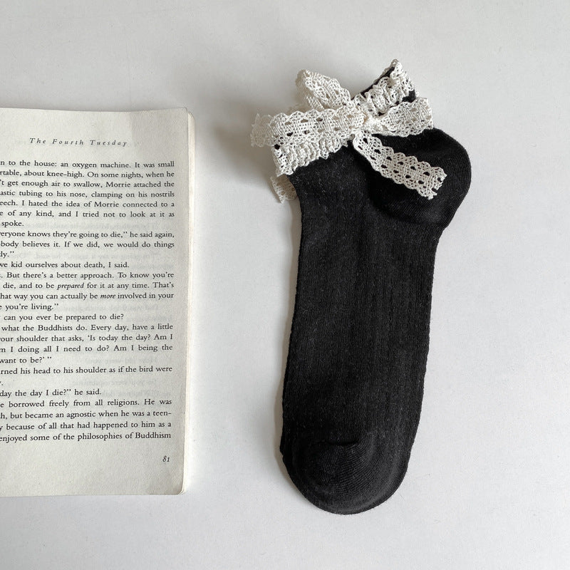 Crochet Lace Bow Cuff Ankle Socks - Black