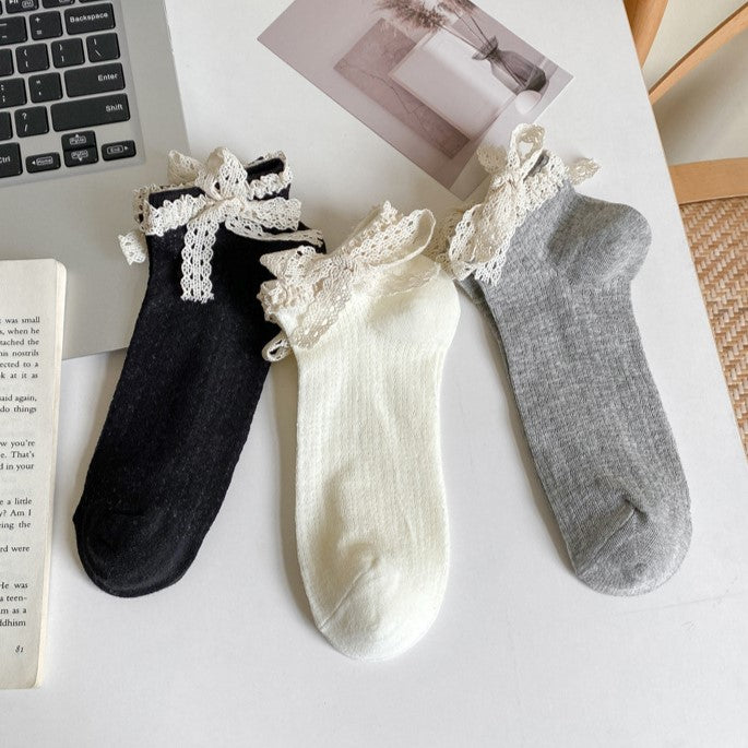 Crochet Lace Bow Cuff Ankle Socks - Grey