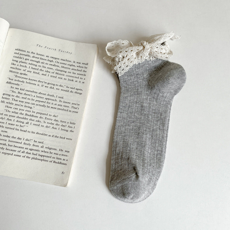 Crochet Lace Bow Cuff Ankle Socks - Grey - 1