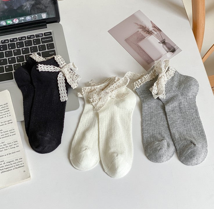 Crochet Lace Bow Cuff Ankle Socks - Grey - 2
