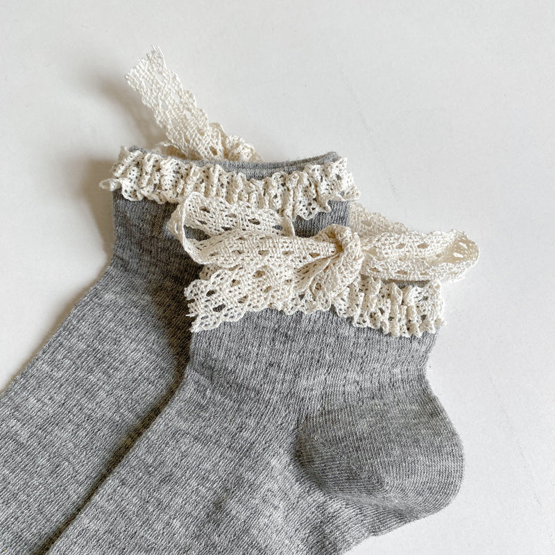 Crochet Lace Bow Cuff Ankle Socks - Grey - 4