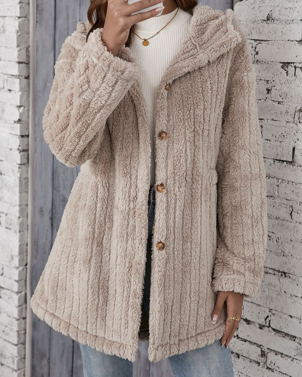 Hooded Faux Fur Button Front Coat - Khaki - 1