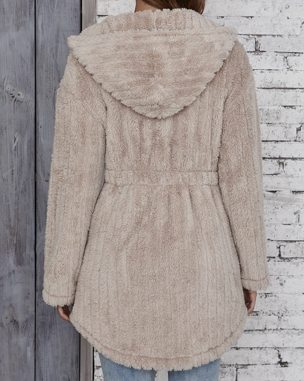 Hooded Faux Fur Button Front Coat - Khaki - 3