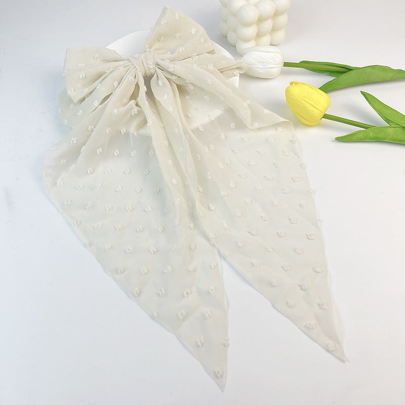 Dotted Chiffon Long Tail Bow Clip - Beige