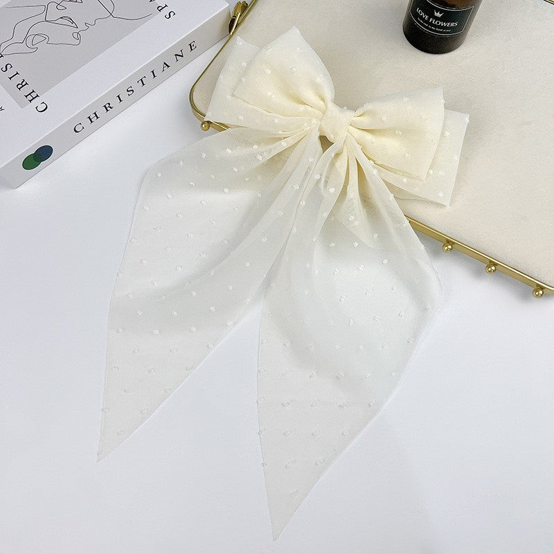 Dotted Chiffon Long Tail Bow Clip - Beigeyellow