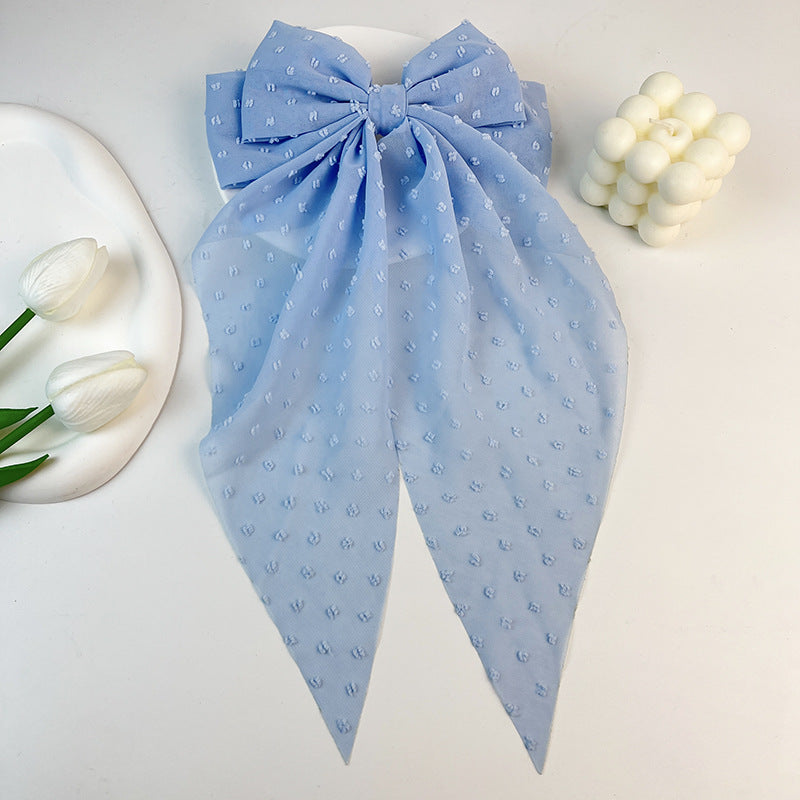 Dotted Chiffon Long Tail Bow Clip - Blue