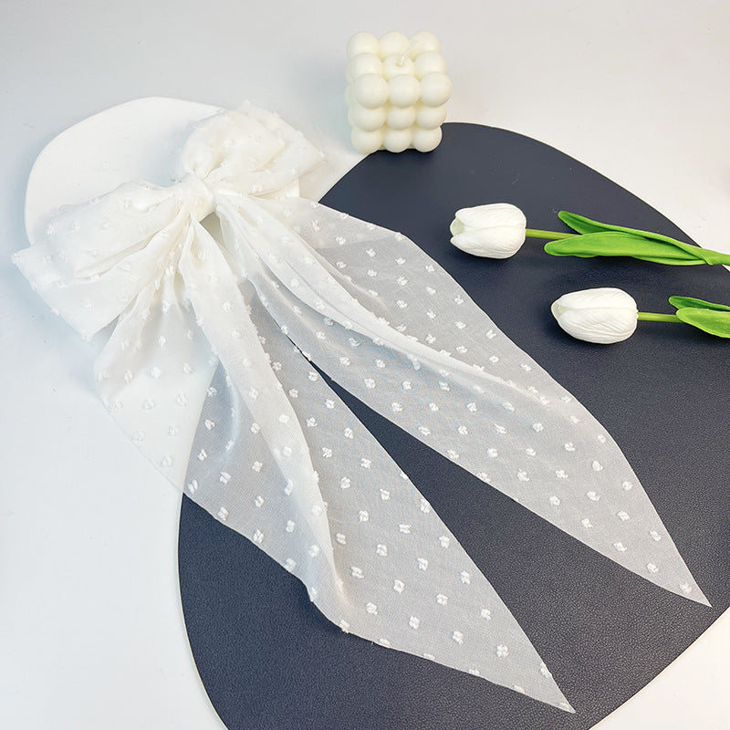 Dotted Chiffon Long Tail Bow Clip - White