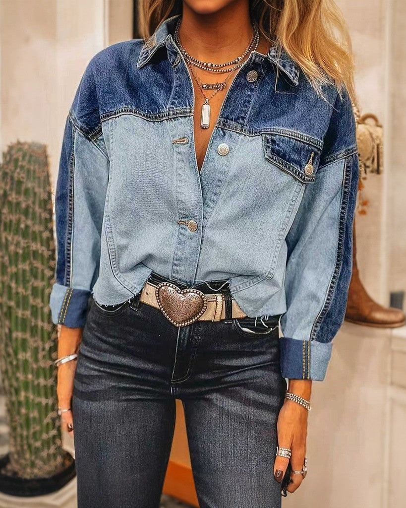 Contrast Wash Cropped Denim Jacket - Blue