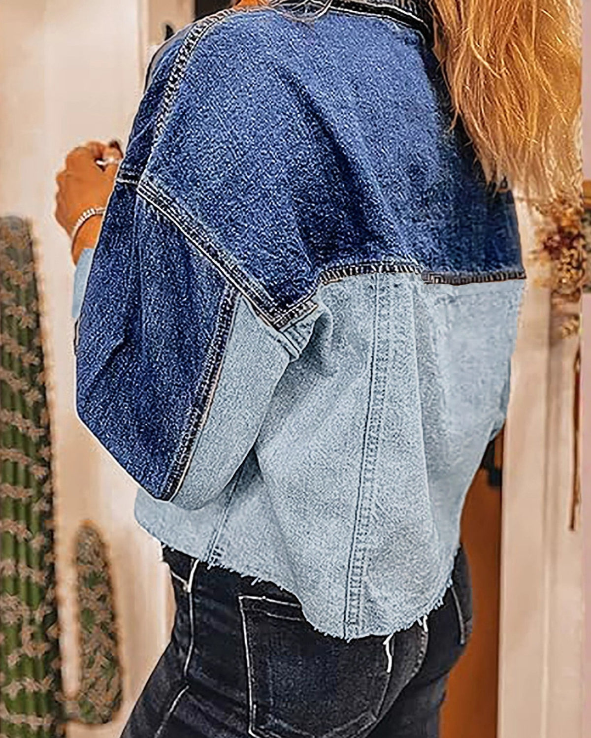Contrast Wash Cropped Denim Jacket - Blue - 2