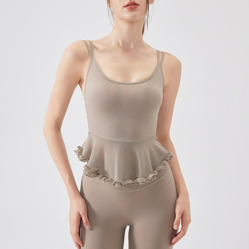 Mesh Ruffle Peplum Padded Yoga Tank Top - Almond