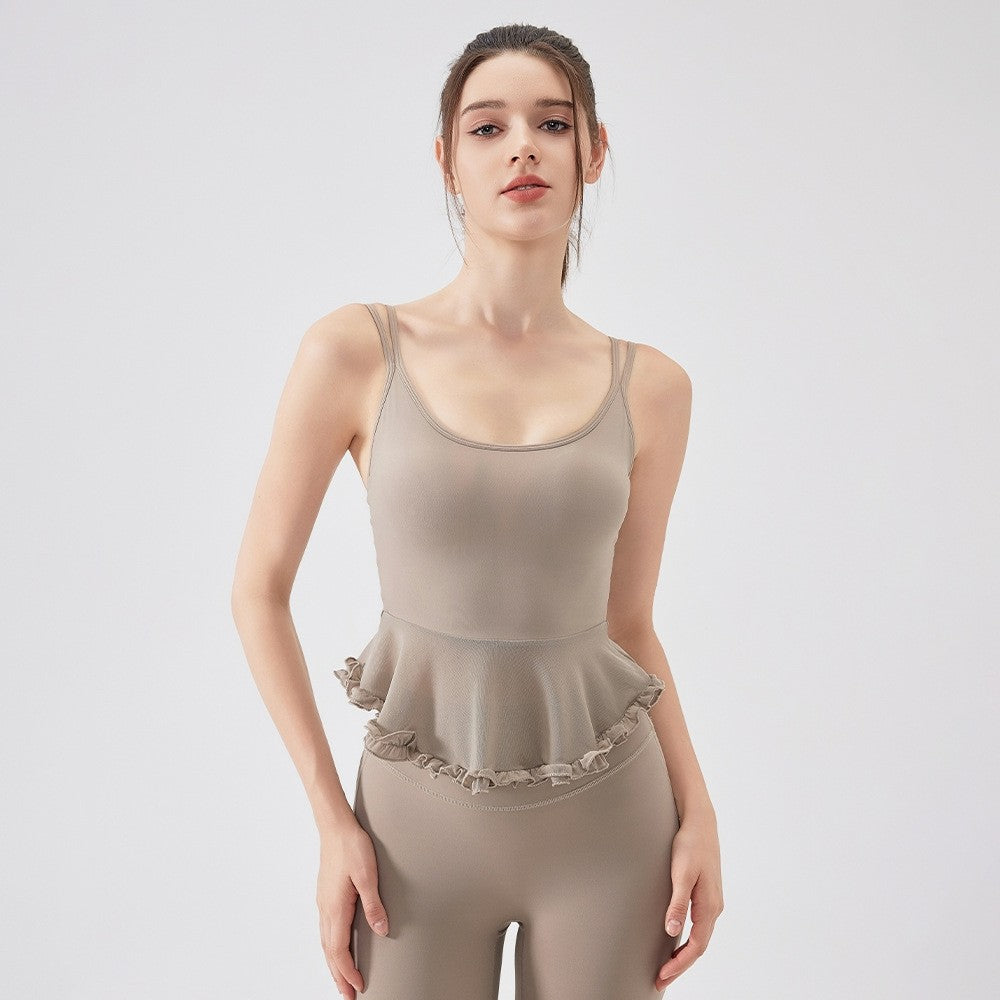 Mesh Ruffle Peplum Padded Yoga Tank Top
