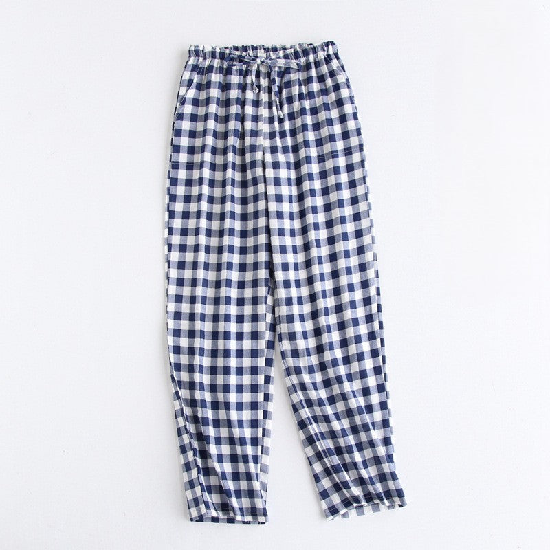 Gingham Check Cotton Pajama Pants - Blue