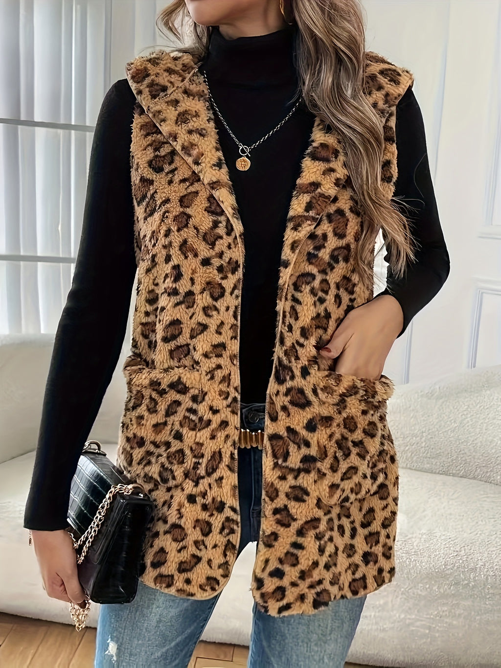 Leopard Plush Hooded Vest With Pockets - Brown
