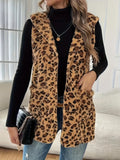 Leopard Plush Hooded Vest With Pockets - Brown