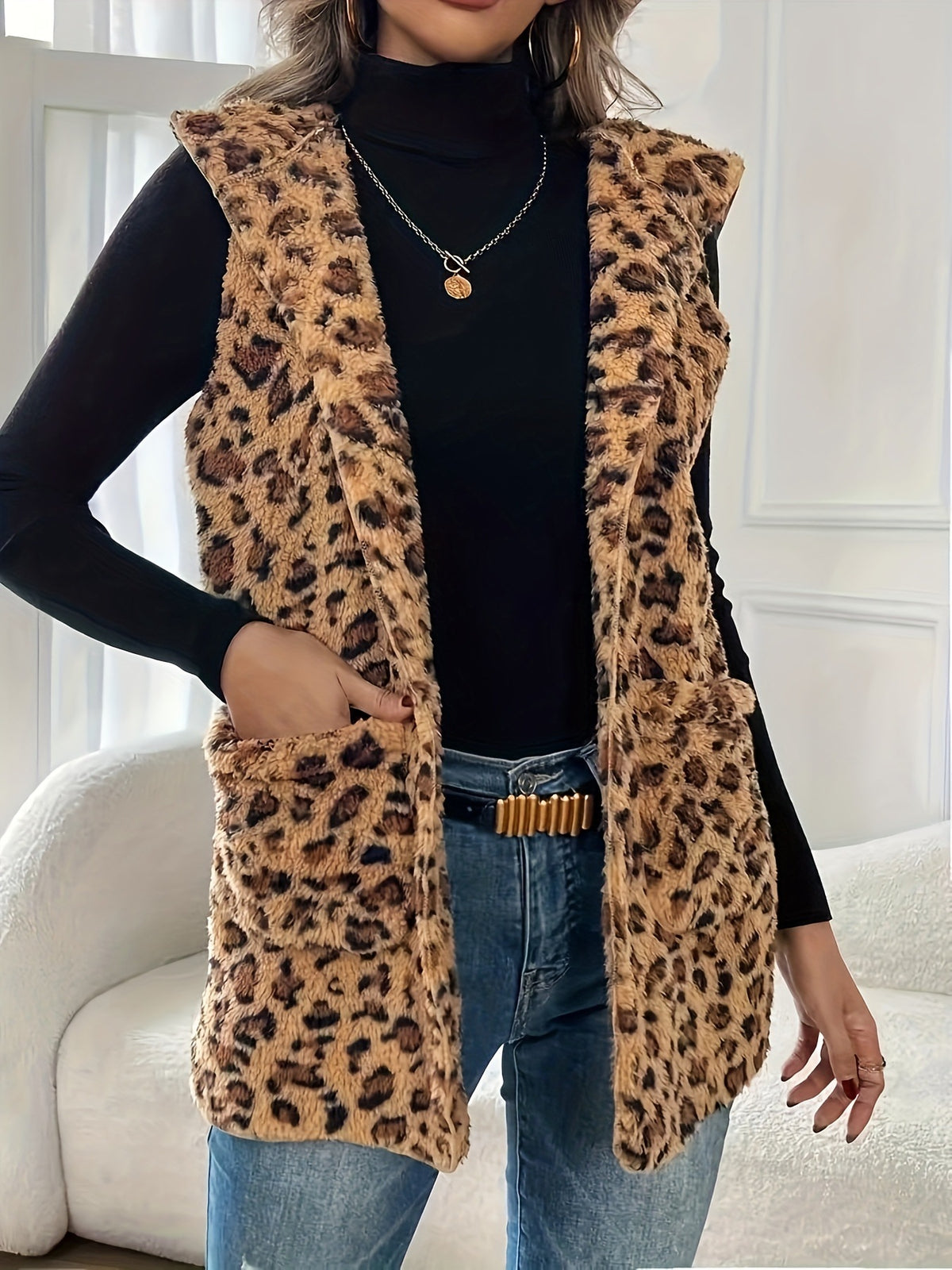 Leopard Plush Hooded Vest With Pockets - Brown - 1