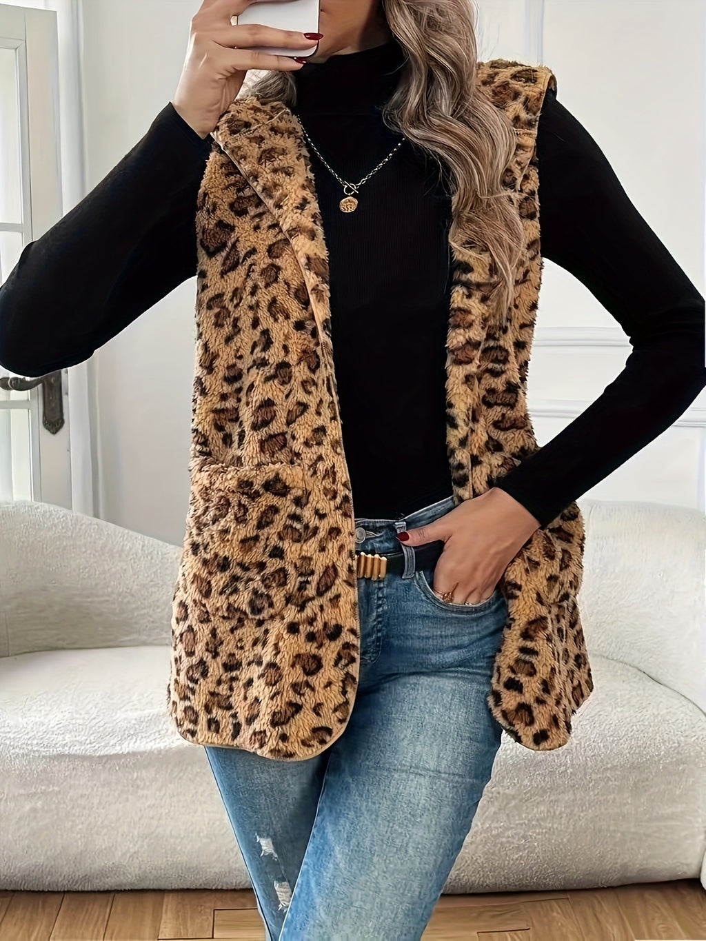Leopard Plush Hooded Vest With Pockets - Brown - 2