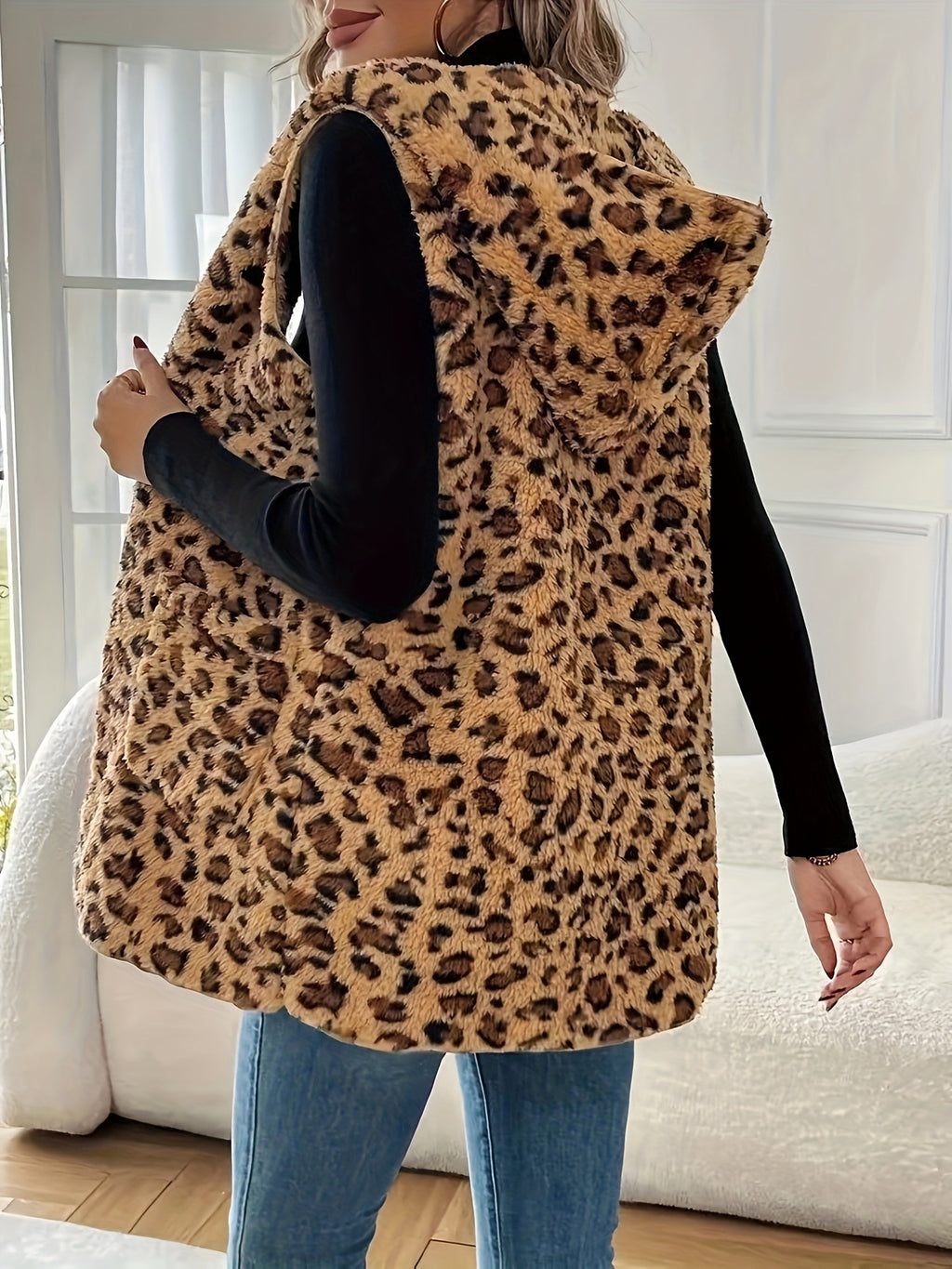 Leopard Plush Hooded Vest With Pockets - Brown - 3