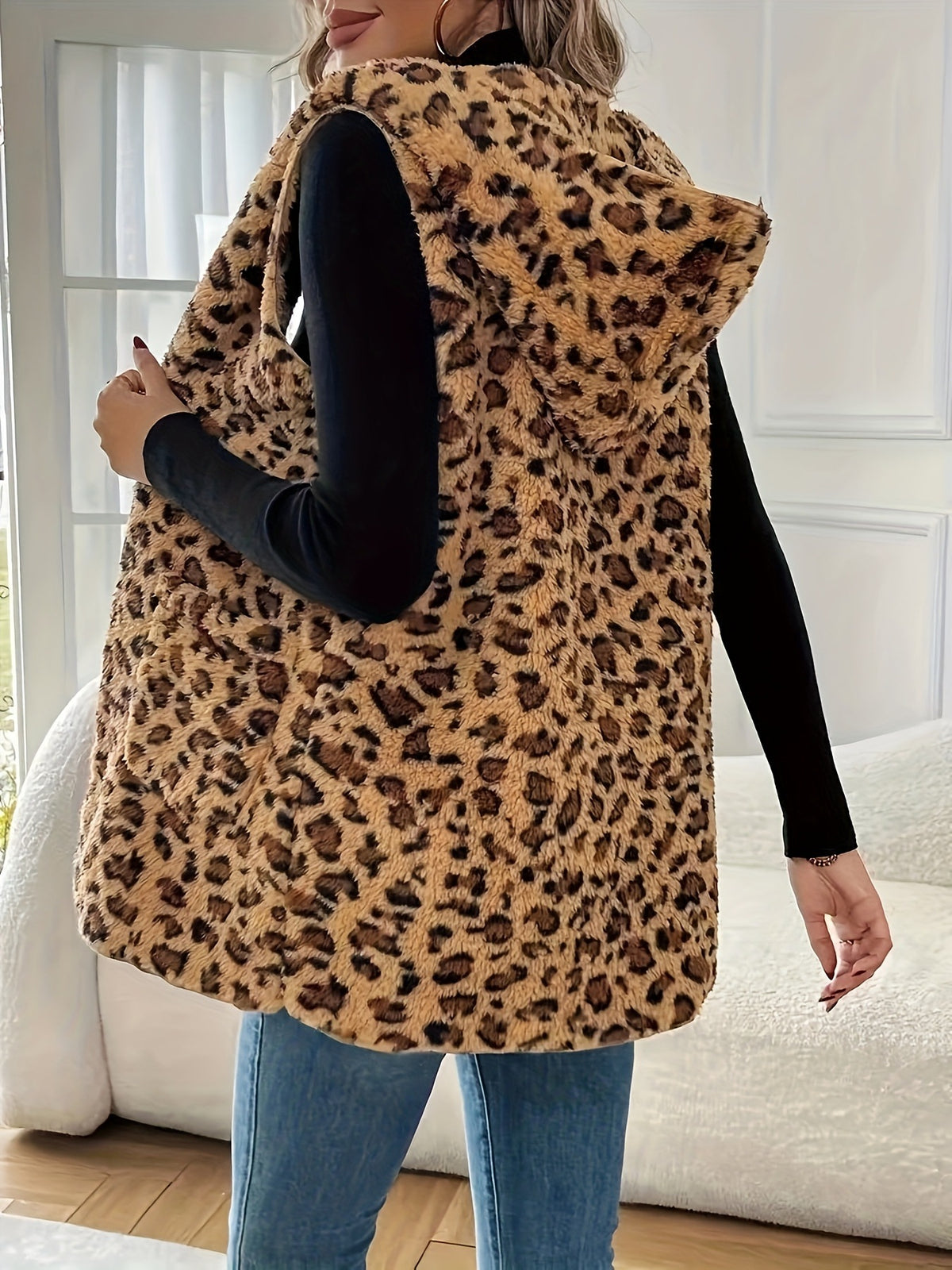 Leopard Plush Hooded Vest With Pockets - Brown - 3