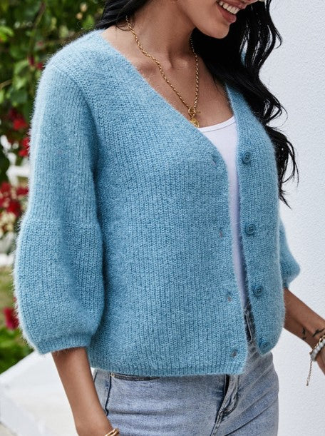 Fuzzy Brushed Knit Cropped V Neck Cardigan - Blue
