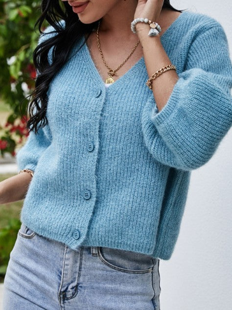 Fuzzy Brushed Knit Cropped V Neck Cardigan - Blue - 1