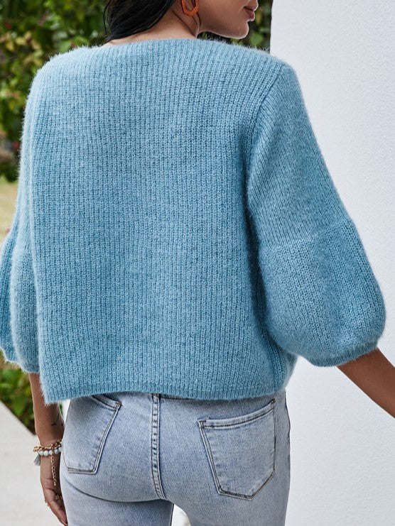 Fuzzy Brushed Knit Cropped V Neck Cardigan - Blue - 2