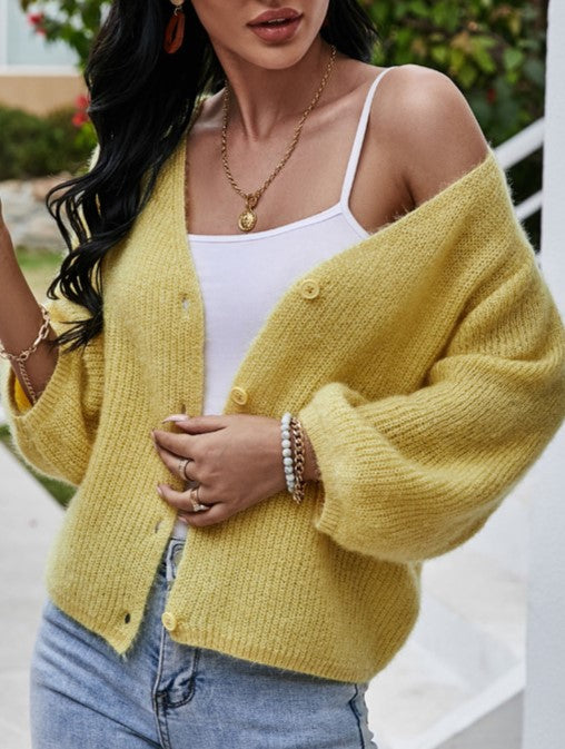 Fuzzy Brushed Knit Cropped V Neck Cardigan - Yellow