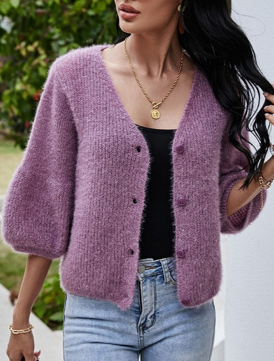 Fuzzy Brushed Knit Cropped V Neck Cardigan - view 1