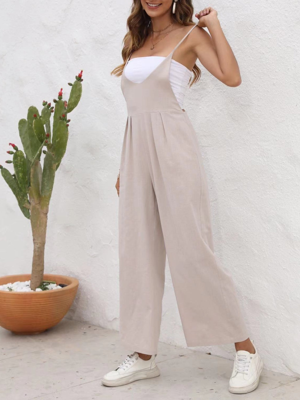 Pleated Wide Leg Strap Overall Jumpsuit - Tan - 3