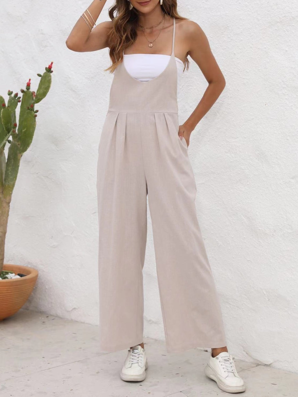 Pleated Wide Leg Strap Overall Jumpsuit - Tan - 4