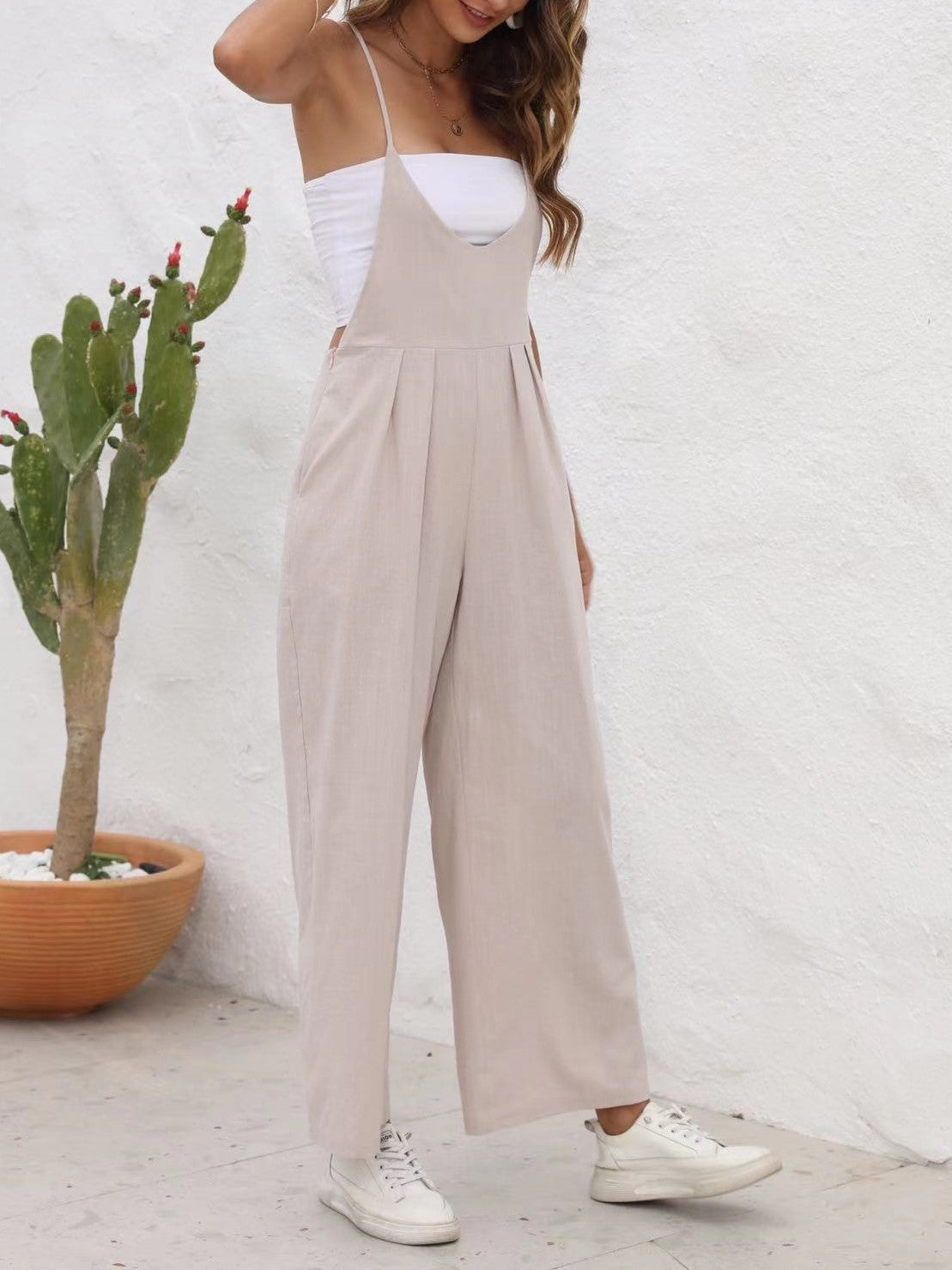 Pleated Wide Leg Strap Overall Jumpsuit - Tan - 5