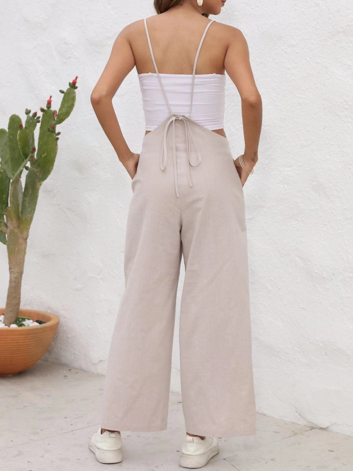 Pleated Wide Leg Strap Overall Jumpsuit - Tan - 7