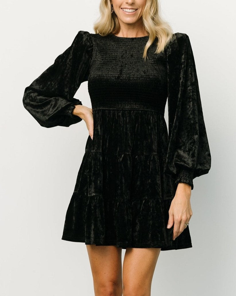 Crushed Velvet Smocked Bishop Sleeve Mini Dress - Black - 2