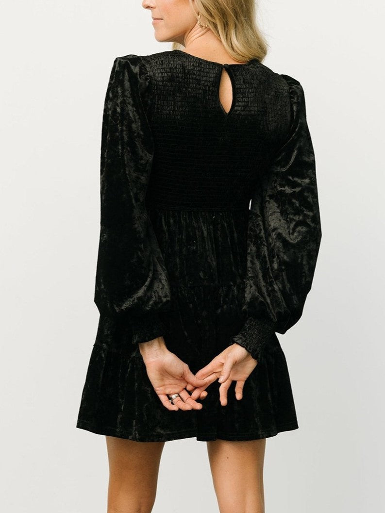 Crushed Velvet Smocked Bishop Sleeve Mini Dress - Black - 3