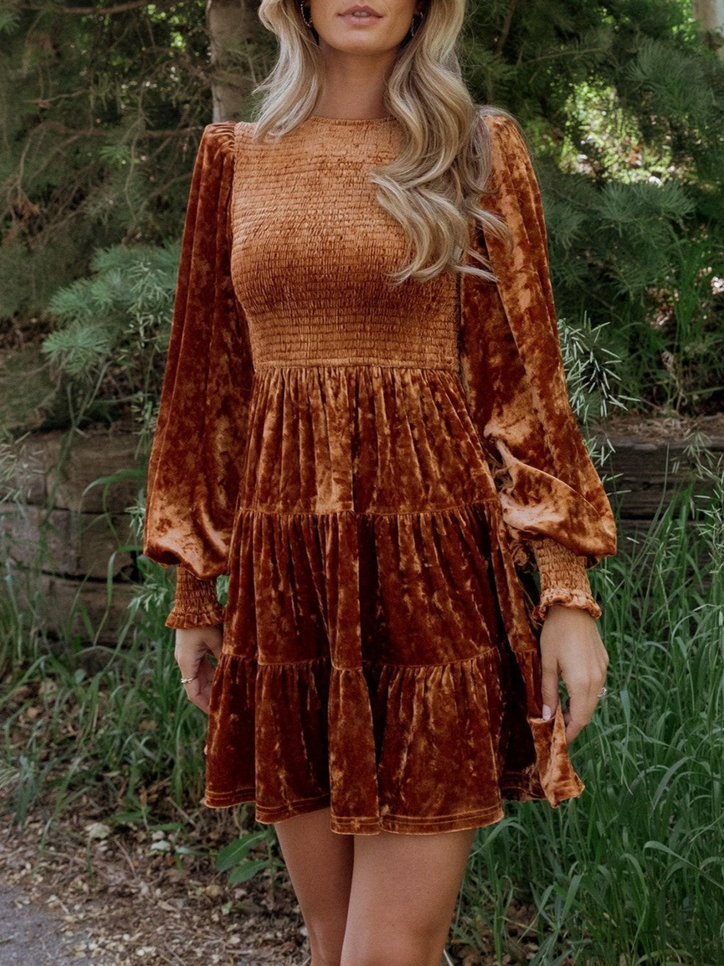 Crushed Velvet Smocked Bishop Sleeve Mini Dress - Brown