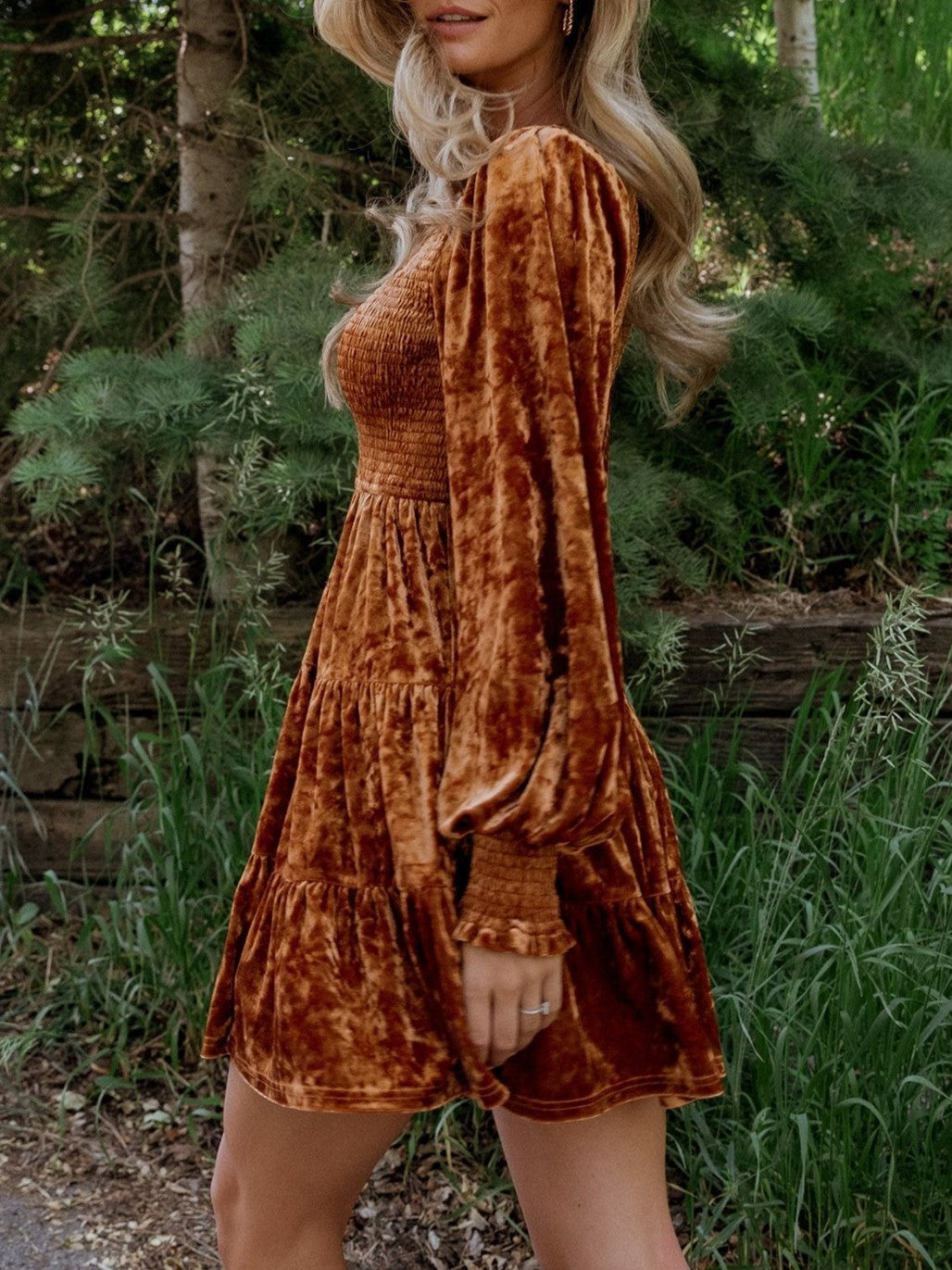 Crushed Velvet Smocked Bishop Sleeve Mini Dress - Brown - 1