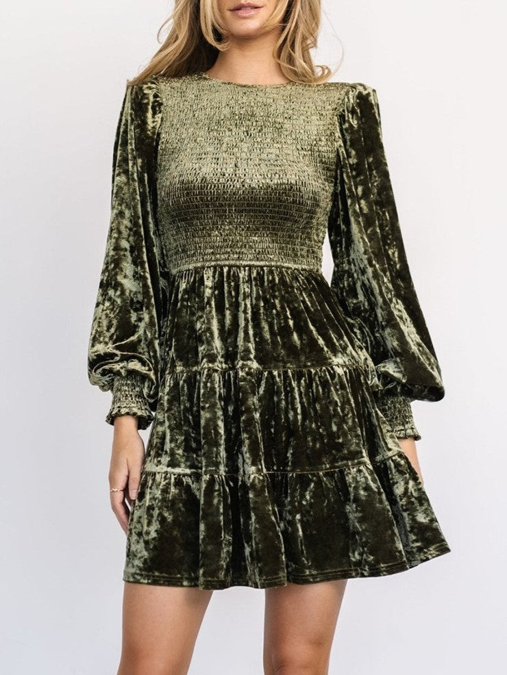 Crushed Velvet Smocked Bishop Sleeve Mini Dress - DarkGreen