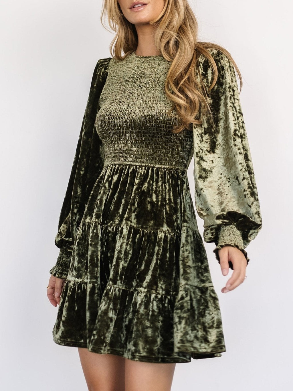 Crushed Velvet Smocked Bishop Sleeve Mini Dress - DarkGreen - 1