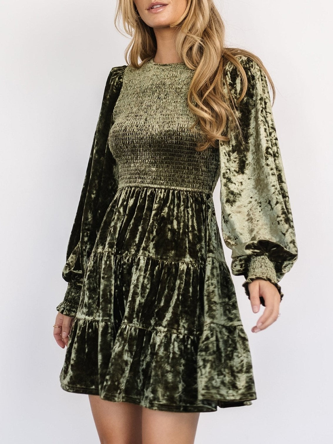 Crushed Velvet Smocked Bishop Sleeve Mini Dress - DarkGreen - 1
