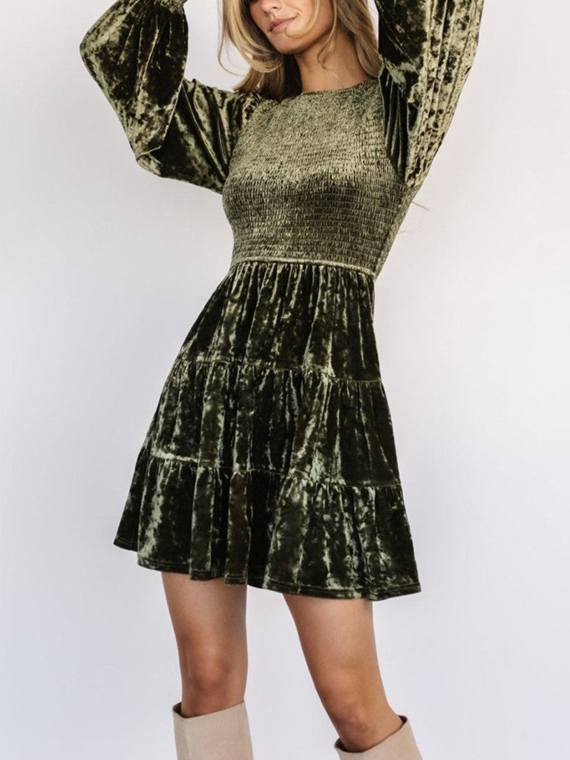 Crushed Velvet Smocked Bishop Sleeve Mini Dress - DarkGreen - 2