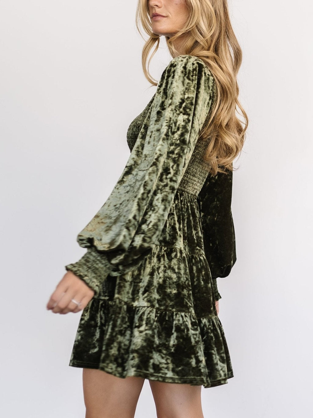 Crushed Velvet Smocked Bishop Sleeve Mini Dress - DarkGreen - 3