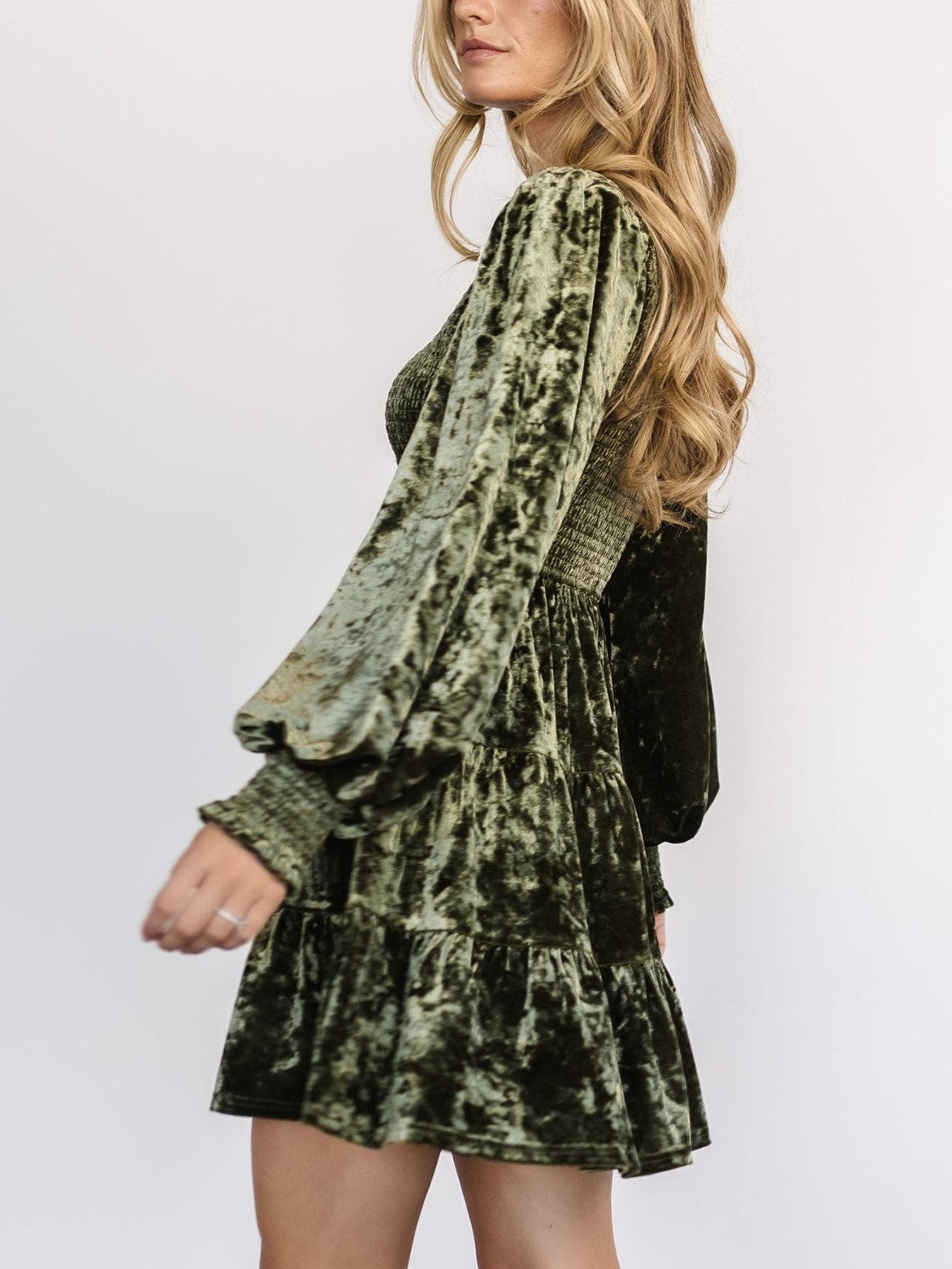 Crushed Velvet Smocked Bishop Sleeve Mini Dress - DarkGreen - 3