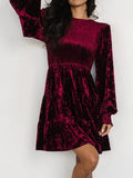 Crushed Velvet Smocked Bishop Sleeve Mini Dress - Wine Red