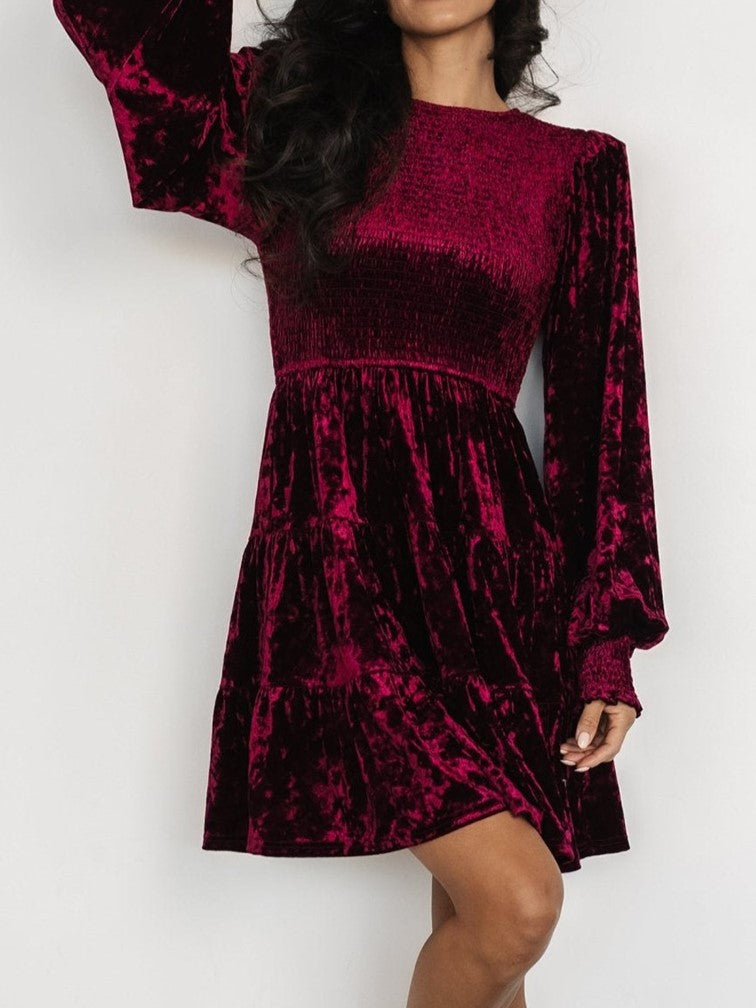 Crushed Velvet Smocked Bishop Sleeve Mini Dress - Wine Red