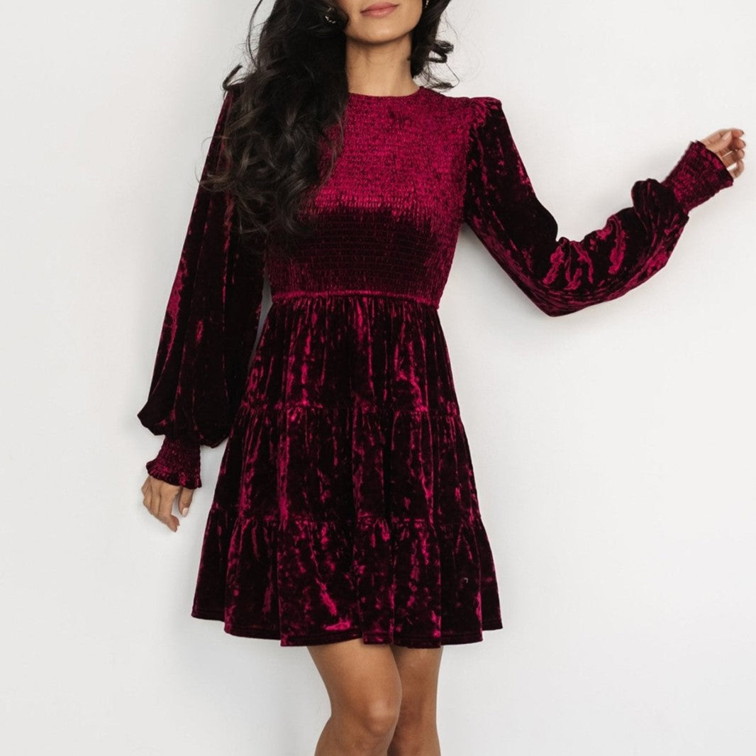 Crushed Velvet Smocked Bishop Sleeve Mini Dress - Wine Red - 1