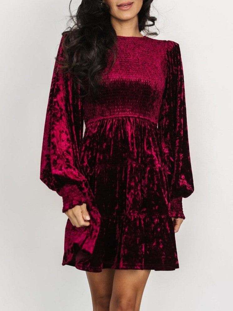 Crushed Velvet Smocked Bishop Sleeve Mini Dress - Wine Red - 2