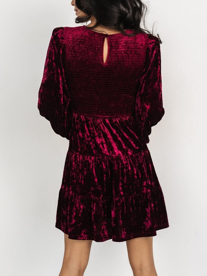 Crushed Velvet Smocked Bishop Sleeve Mini Dress - Wine Red - 3