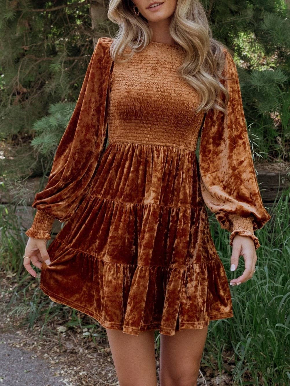 Crushed Velvet Smocked Bishop Sleeve Mini Dress