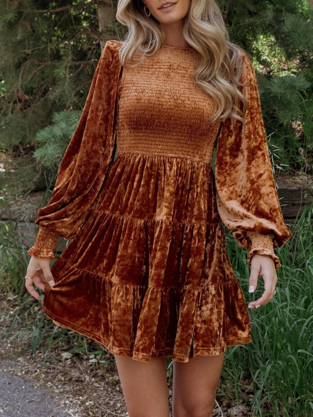 Crushed Velvet Smocked Bishop Sleeve Mini Dress - view 1