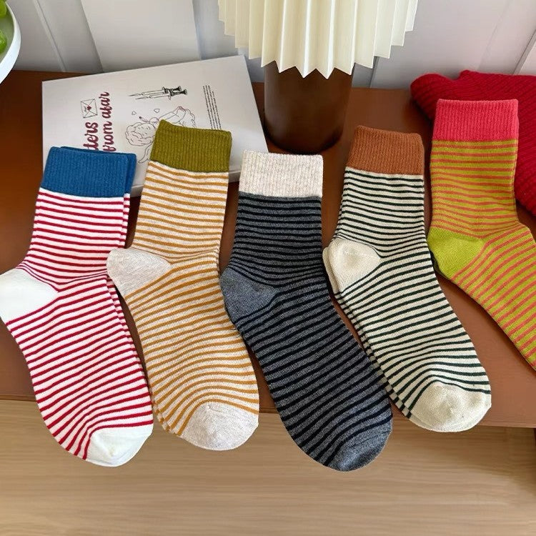 Contrast Cuff Thin Stripe Crew Socks