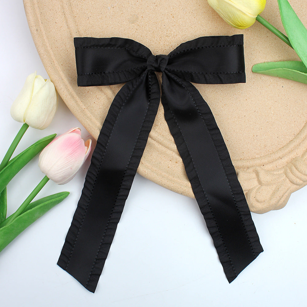 Ruffle Edge Satin Bow Hair Clip - Black